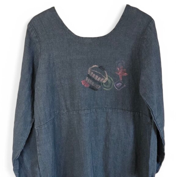 Vintage Lucky & Izzy M/L Linen Long Sleeve Dress Hand Painted Wearable Art Boho - Picture 5 of 10